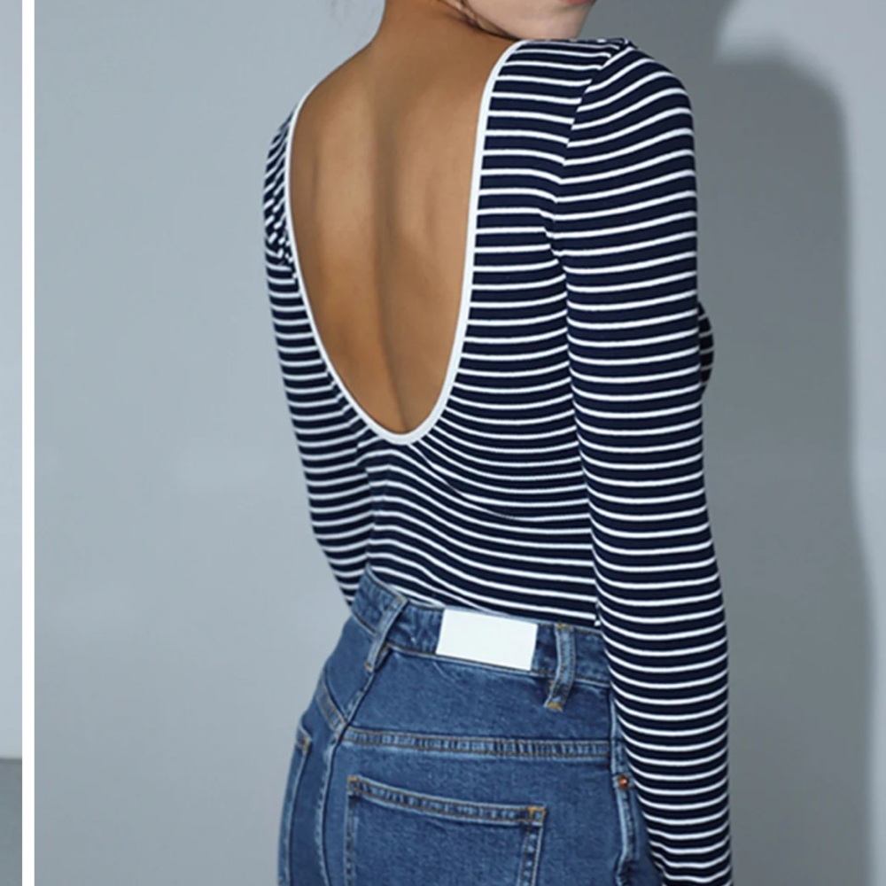 COMMENSE Navy & White Striped Scoop-Back Bodysuit